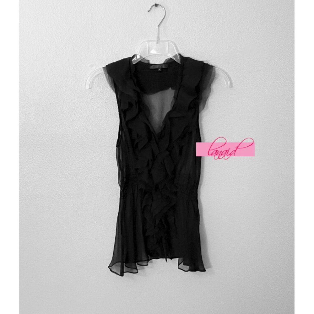 Metropark Sheer Silk Black Sleeveless See-Through Ruffle V-Neck Tank Blouse S